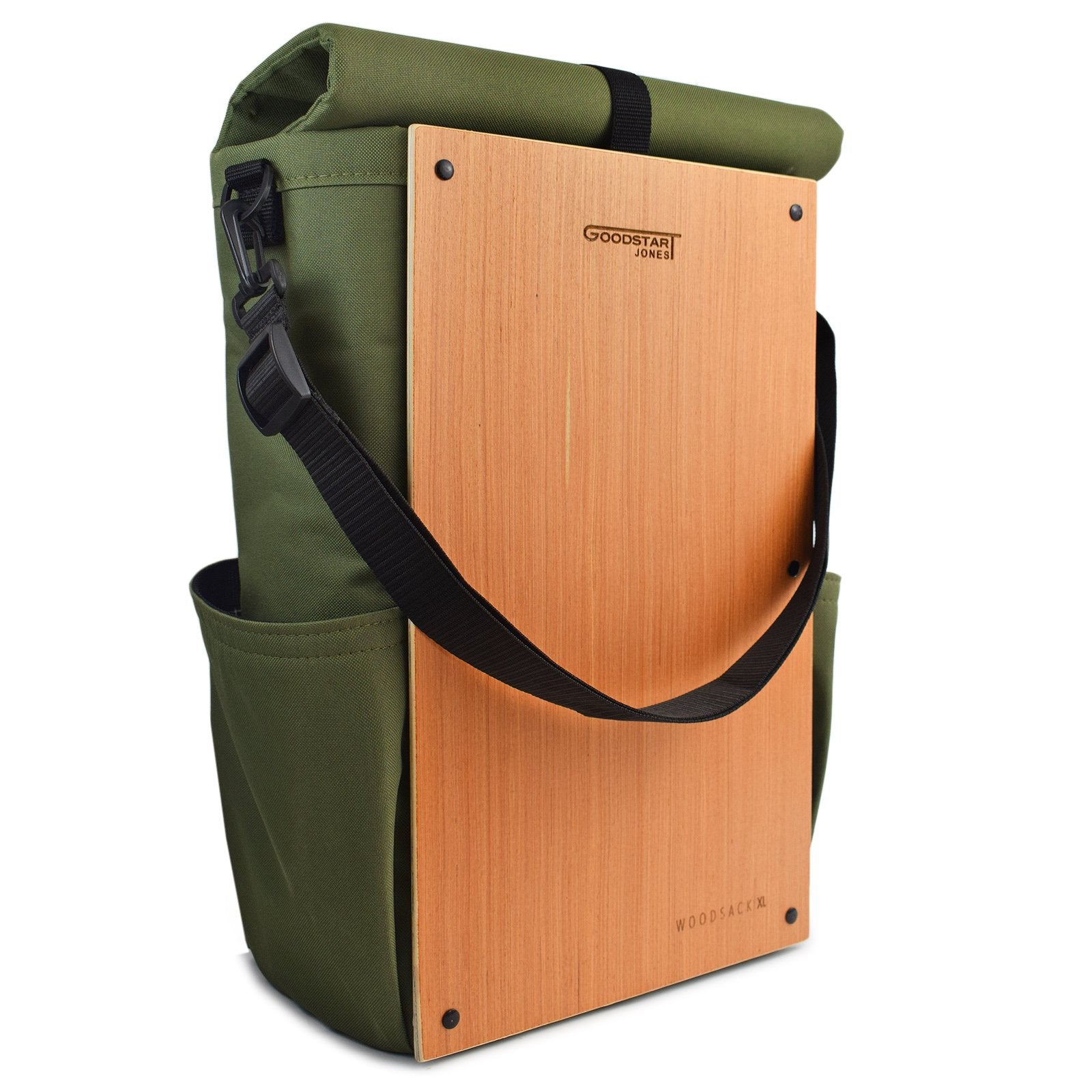 front view of woodsack roll top backpack 