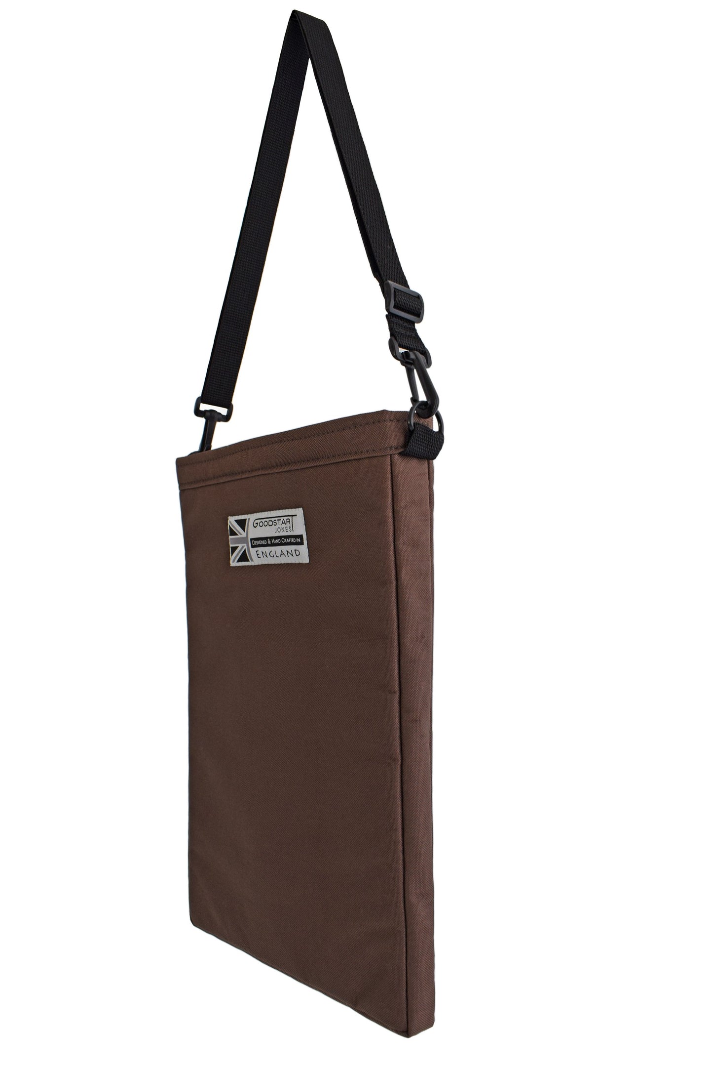 Brown padded laptop sleeve with shoulder strap by Goodstart Jones 