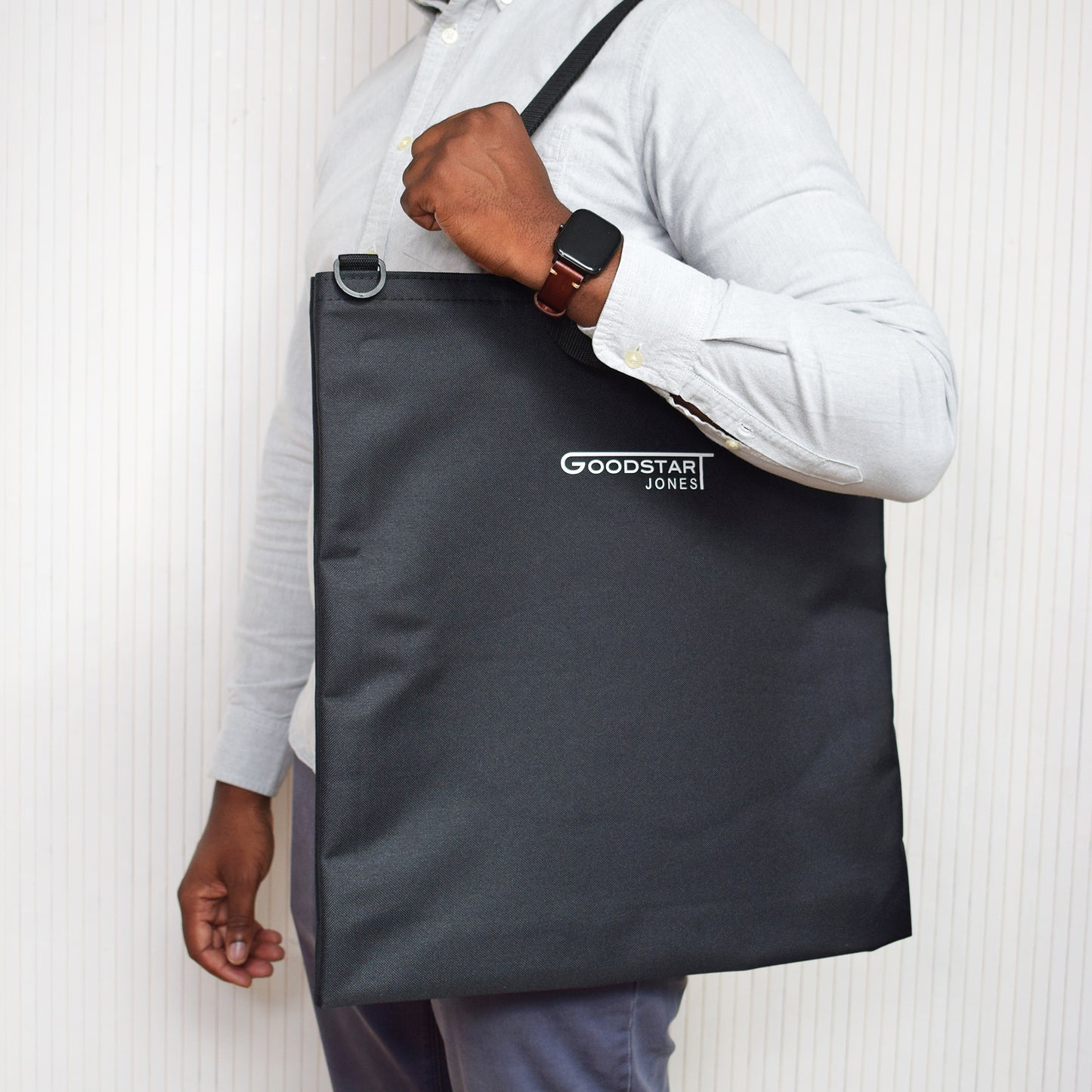 Large Black Tote worn by model Goodstart Jones 