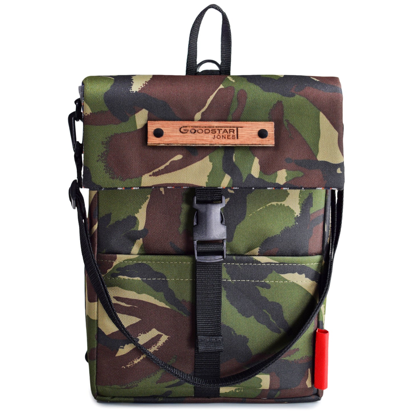 camouflage green small backpack with wood label