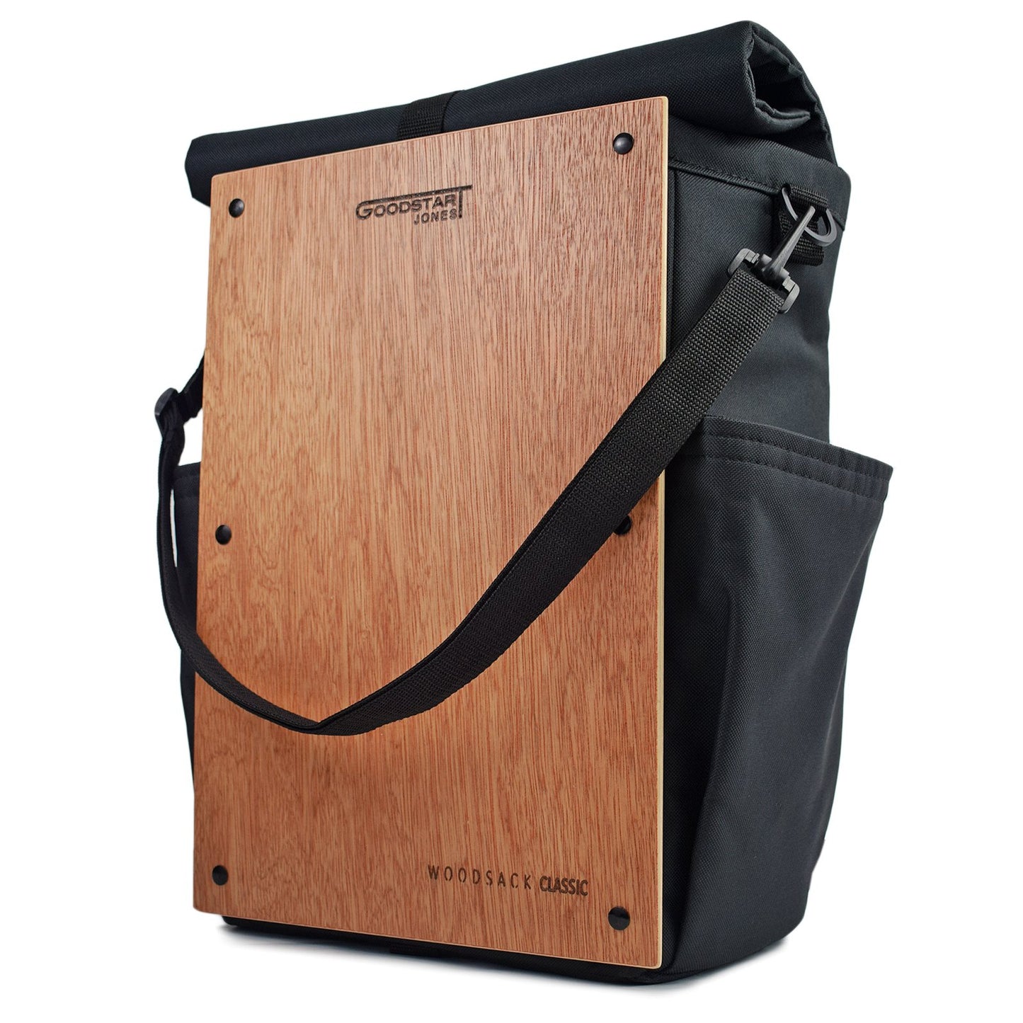 Wood panel front view black woodsack backpack 