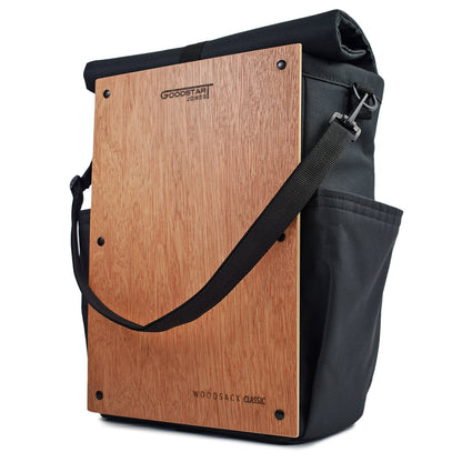 Wood panel front view black woodsack backpack 