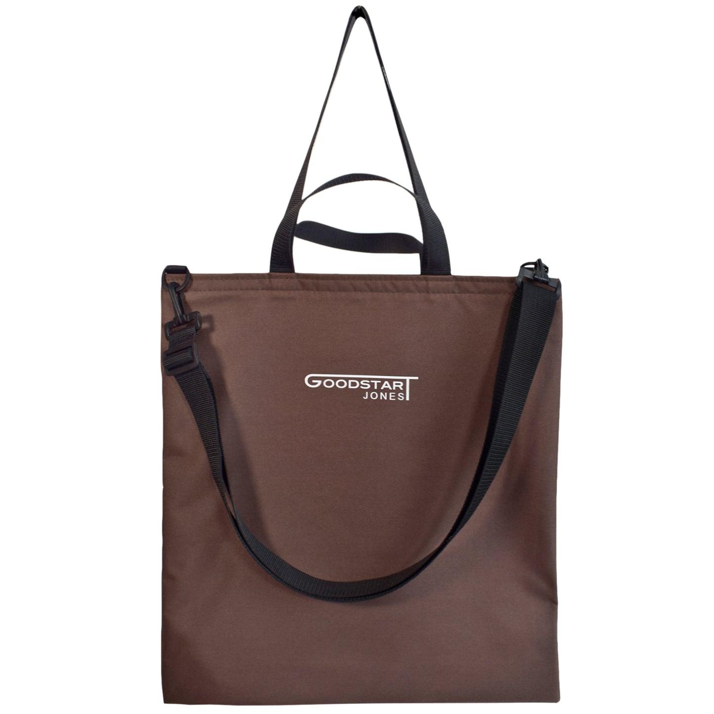 Brown front tote bag with long handles and Goodstart Jones logo 