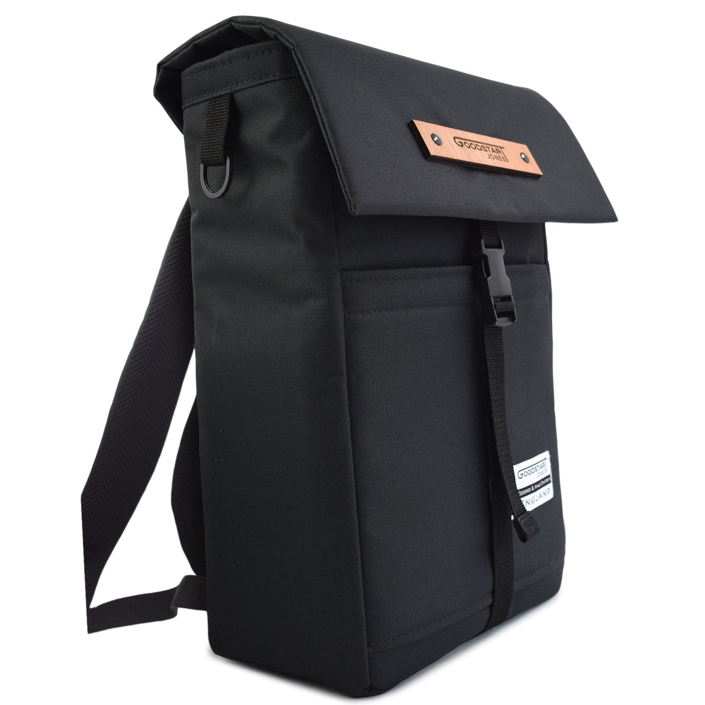 black laptop roll top backpack by Goodstart Jones 