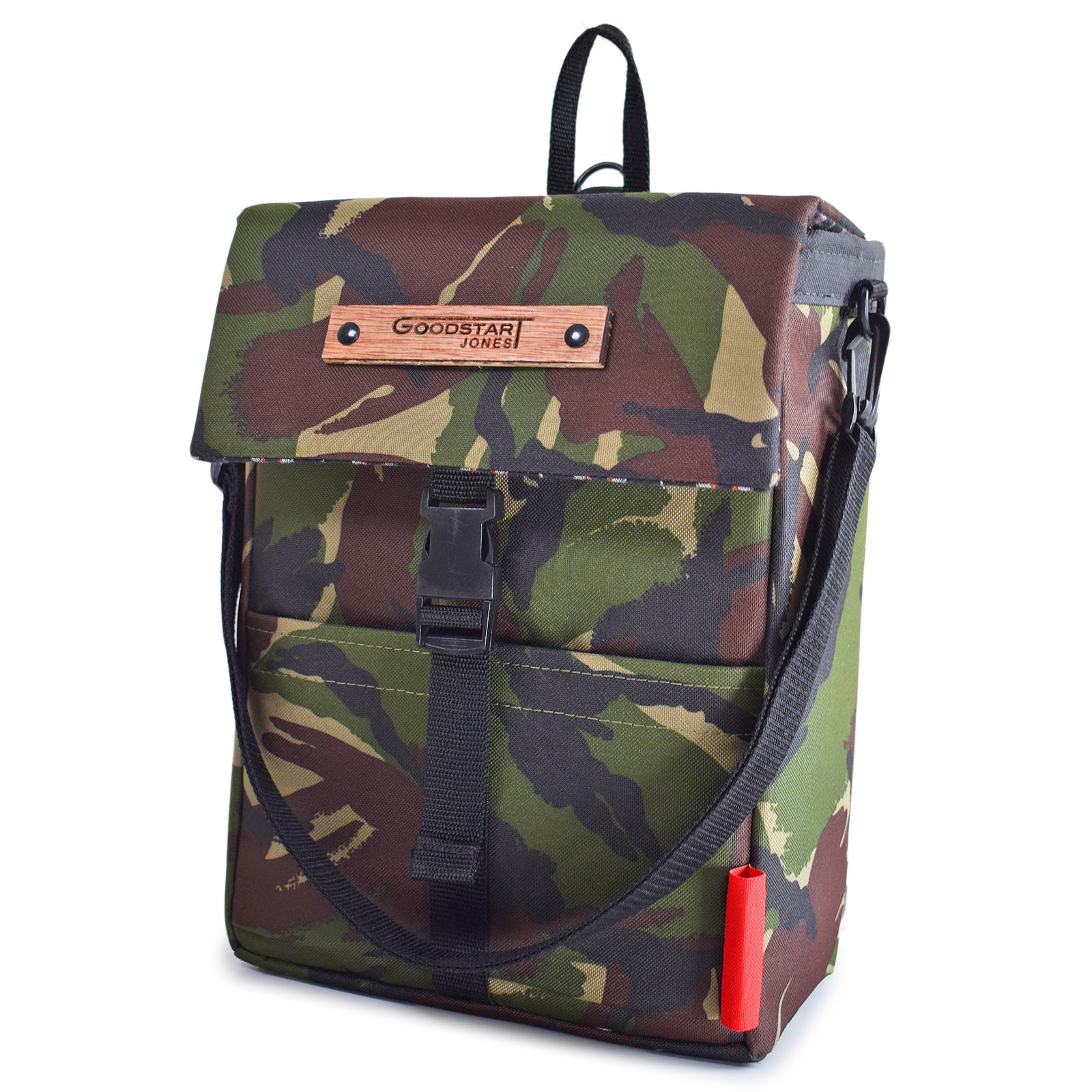 Camouflage green small Backpack upright front with wooden branded logo