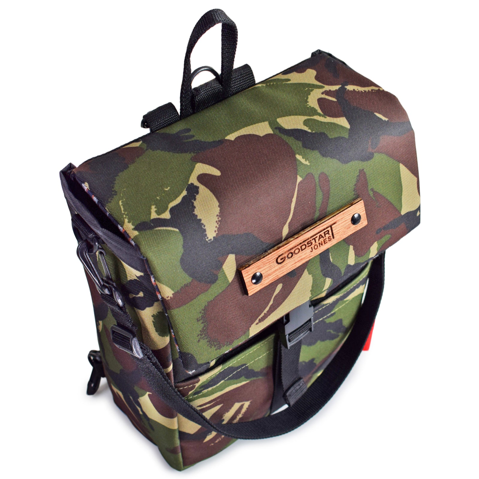 top of green camouflage backpack with Goodstart Jones wood logo