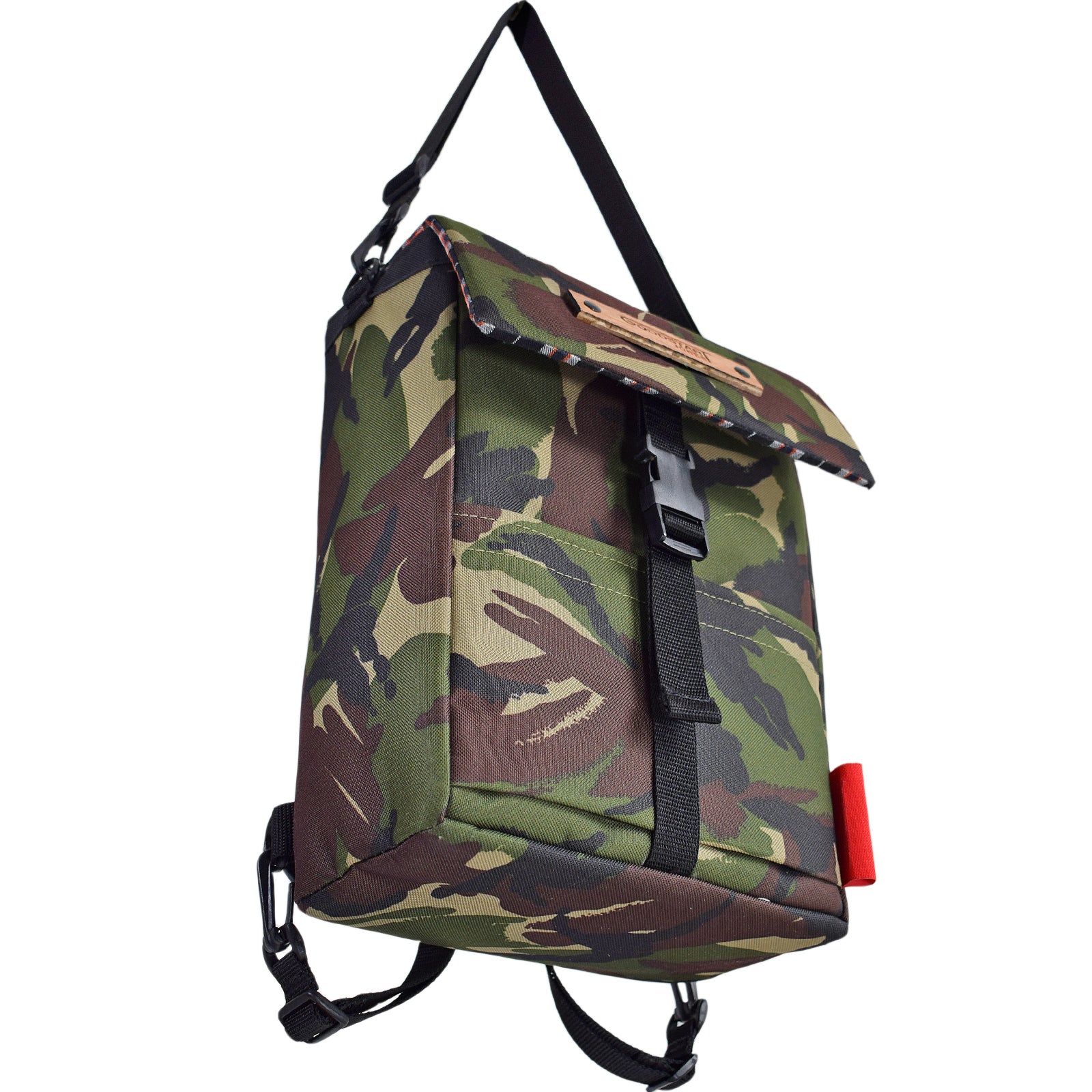   Green camo print backpack hung high with shoulder straps