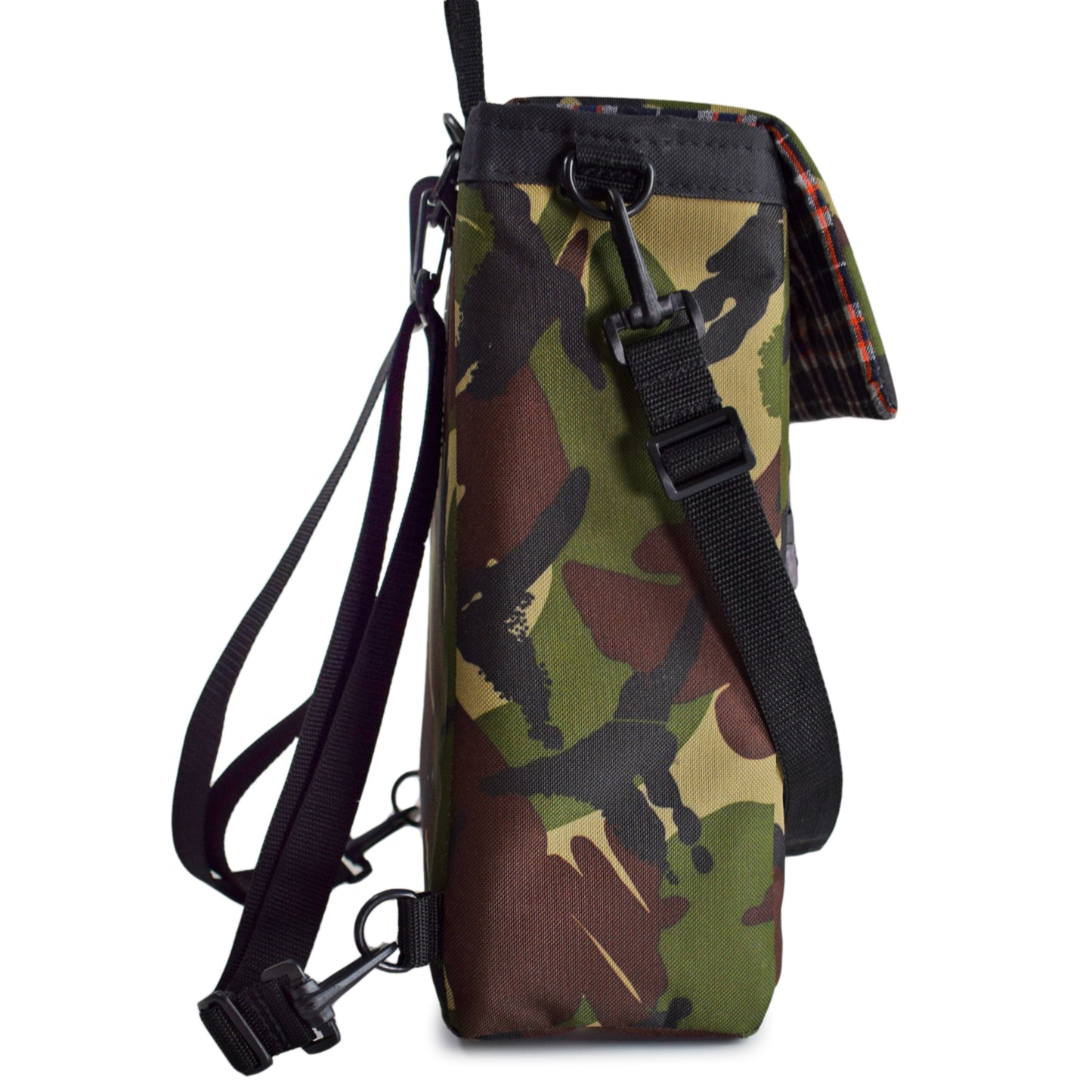side view of mini green camouflage backpack 